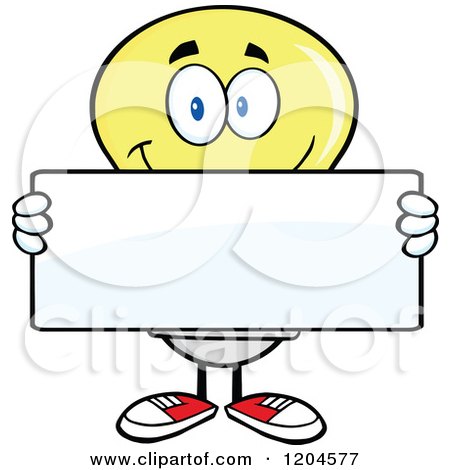 Cartoon of a Happy Yellow Light Bulb Mascot Holding a Sign - Royalty Free Vector Clipart by Hit Toon
