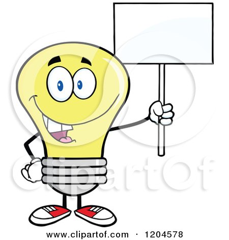 Cartoon of a Happy Yellow Light Bulb Mascot Holding a Sign 2 - Royalty Free Vector Clipart by Hit Toon