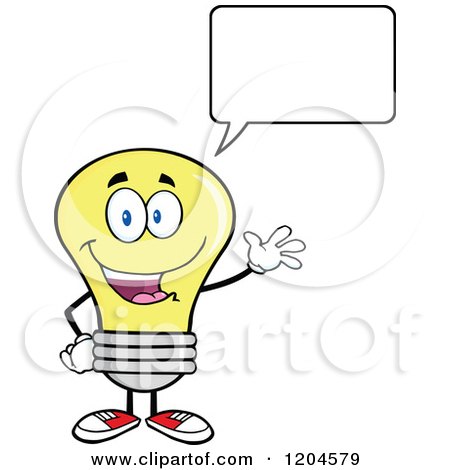 Cartoon of a Happy Talking and Waving Yellow Light Bulb Mascot - Royalty Free Vector Clipart by Hit Toon