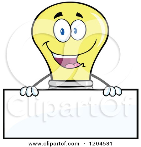 Cartoon of a Happy Yellow Light Bulb Mascot over a Sign - Royalty Free Vector Clipart by Hit Toon