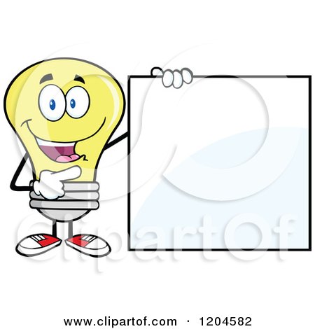 Cartoon of a Happy Yellow Light Bulb Mascot Pointing to a Sign - Royalty Free Vector Clipart by Hit Toon