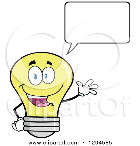 Cartoon of a Happy Yellow Light Bulb Mascot Talking and Waving - Royalty Free Vector Clipart by Hit Toon