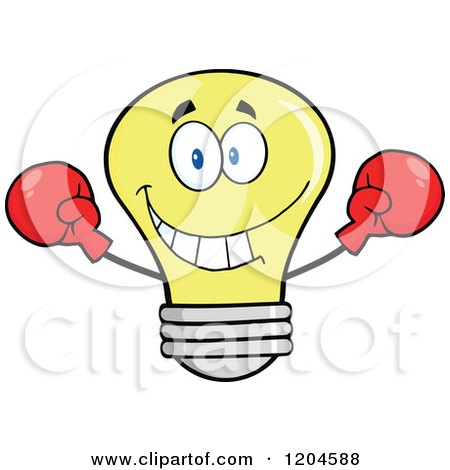 Cartoon of a Happy Yellow Light Bulb Mascot Fighter Wearing Boxing Gloves - Royalty Free Vector Clipart by Hit Toon