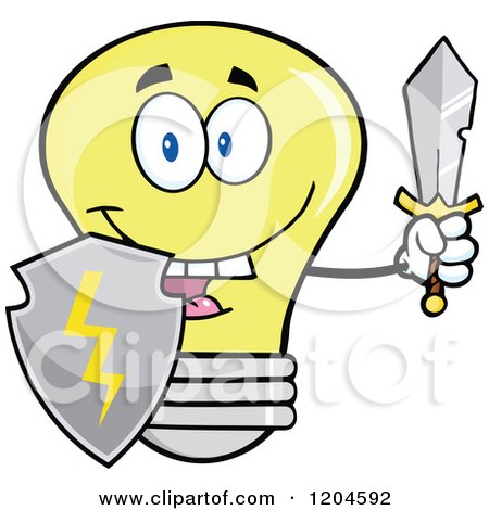Cartoon of a Happy Yellow Light Bulb Mascot Guard with a Shield and Sword - Royalty Free Vector Clipart by Hit Toon