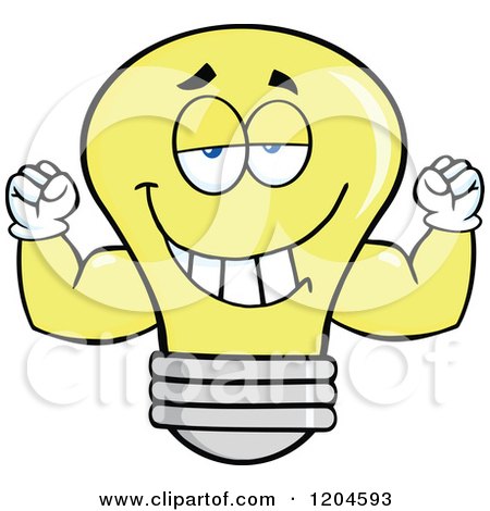 Cartoon of a Happy Yellow Light Bulb Mascot Flexing Muscles - Royalty Free Vector Clipart by Hit Toon