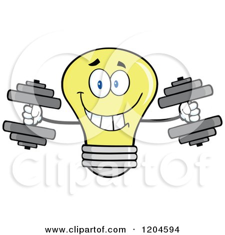 Cartoon of a Happy Yellow Light Bulb Mascot Weightlifting Dumbbells - Royalty Free Vector Clipart by Hit Toon