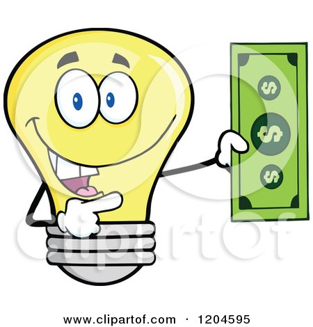 Cartoon of a Happy Yellow Light Bulb Mascot Holding a Dollar Bill 2 - Royalty Free Vector Clipart by Hit Toon