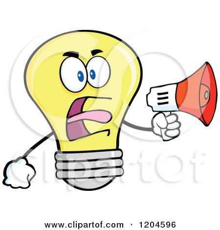 Cartoon of a Yellow Light Bulb Mascot Announcing with a Megaphone 2 - Royalty Free Vector Clipart by Hit Toon