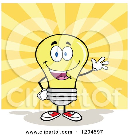 Cartoon of a Happy Waving Yellow Light Bulb Mascot over Rays - Royalty Free Vector Clipart by Hit Toon