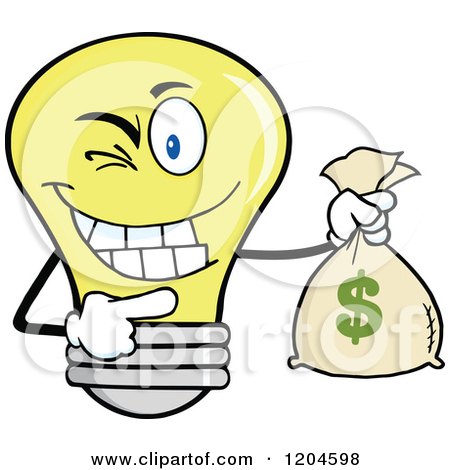 Cartoon of a Winking Yellow Light Bulb Mascot Holding a Money Sack - Royalty Free Vector Clipart by Hit Toon