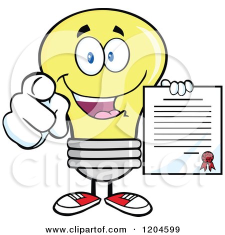Cartoon of a Happy Yellow Light Bulb Mascot Pointing and Holding a Contract - Royalty Free Vector Clipart by Hit Toon