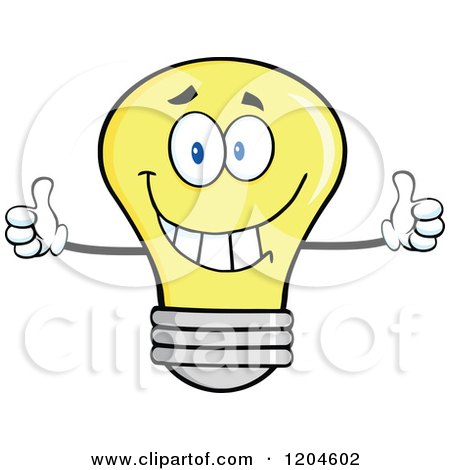 Cartoon of a Happy Yellow Light Bulb Mascot Holding Two Thumbs up - Royalty Free Vector Clipart by Hit Toon