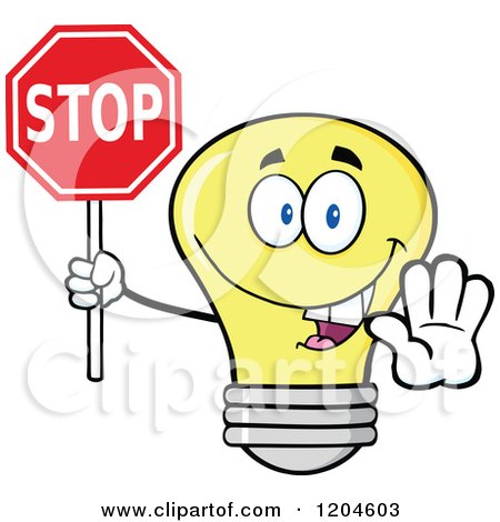 Cartoon of a Happy Yellow Light Bulb Mascot Holding a Stop Sign 2 - Royalty Free Vector Clipart by Hit Toon