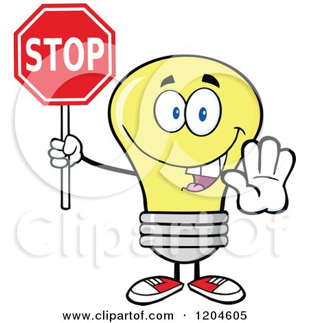 Cartoon of a Happy Yellow Light Bulb Mascot Holding a Stop Sign - Royalty Free Vector Clipart by Hit Toon