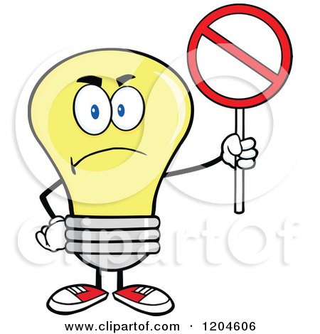 Cartoon of a Mad Yellow Light Bulb Mascot Holding a Forbidden Sign - Royalty Free Vector Clipart by Hit Toon
