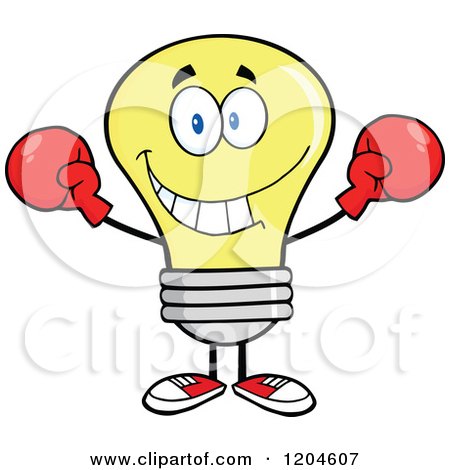 Cartoon of a Yellow Light Bulb Mascot Wearing Boxing Gloves - Royalty Free Vector Clipart by Hit Toon