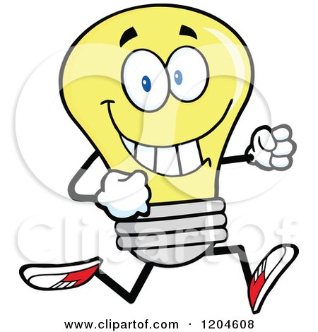 Cartoon of a Happy Yellow Light Bulb Mascot Running - Royalty Free Vector Clipart by Hit Toon