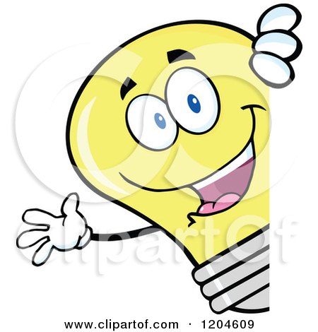 Cartoon of a Happy Yellow Light Bulb Mascot Waving Around a Sign - Royalty Free Vector Clipart by Hit Toon
