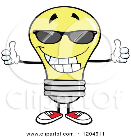 Cartoon of a Happy Yellow Light Bulb Mascot Wearing Sunglasses and Holding Two Thumbs up - Royalty Free Vector Clipart by Hit Toon