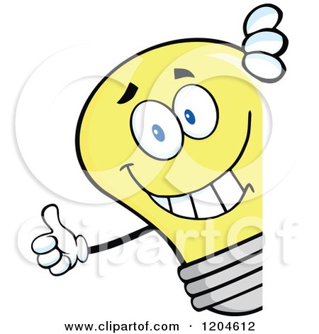 Cartoon of a Happy Yellow Light Bulb Mascot Holding a Thumb up Around a Sign - Royalty Free Vector Clipart by Hit Toon