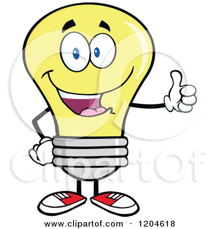 Cartoon of a Happy Yellow Light Bulb Mascot Holding a Thumb up - Royalty Free Vector Clipart by Hit Toon