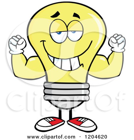 Cartoon of a Happy Yellow Light Bulb Mascot Flexing - Royalty Free Vector Clipart by Hit Toon