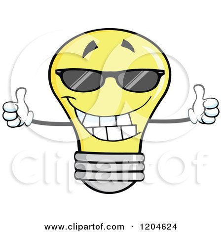 Cartoon of a Happy Yellow Light Bulb Mascot Holding Two Thumbs up and Wearing Shades - Royalty Free Vector Clipart by Hit Toon