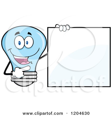 Cartoon of a Happy Blue Light Bulb Mascot Pointing to a Sign 2 - Royalty Free Vector Clipart by Hit Toon