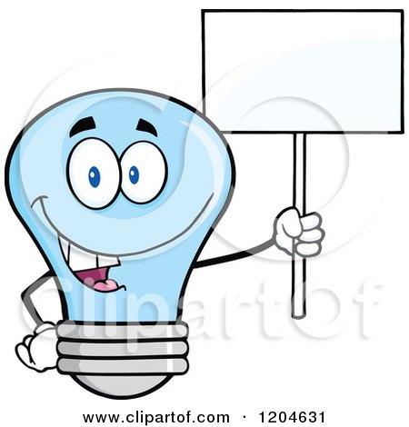 Cartoon of a Happy Blue Light Bulb Mascot Holding a Sign 4 - Royalty Free Vector Clipart by Hit Toon