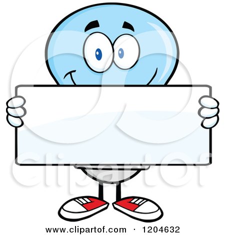 Cartoon of a Happy Blue Light Bulb Mascot Holding a Sign - Royalty Free Vector Clipart by Hit Toon