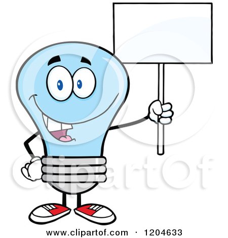 Cartoon of a Happy Blue Light Bulb Mascot Holding a Sign 2 - Royalty Free Vector Clipart by Hit Toon