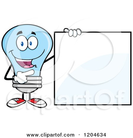 Cartoon of a Happy Blue Light Bulb Mascot Pointing to a Sign - Royalty Free Vector Clipart by Hit Toon