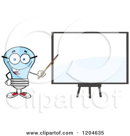 Cartoon of a Happy Blue Light Bulb Mascot Teacher Pointing to a White Board - Royalty Free Vector Clipart by Hit Toon