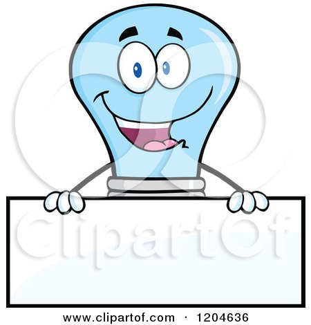 Cartoon of a Happy Blue Light Bulb Mascot over a Sign - Royalty Free Vector Clipart by Hit Toon