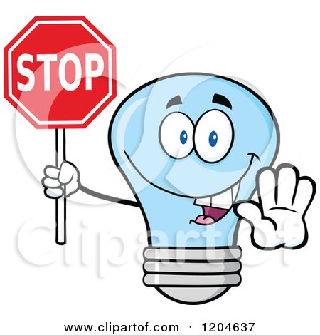 Cartoon of a Happy Blue Light Bulb Mascot Holding a Stop Sign 2 - Royalty Free Vector Clipart by Hit Toon
