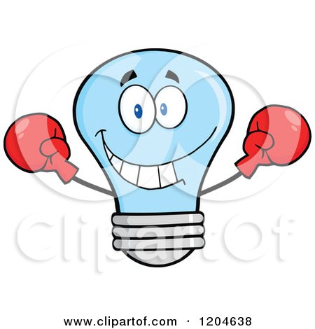 Cartoon of a Happy Blue Light Bulb Mascot Fighter Wearing Boxing Gloves - Royalty Free Vector Clipart by Hit Toon