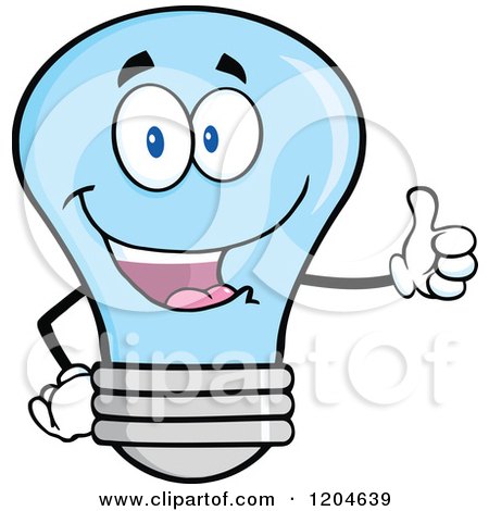 Cartoon of a Happy Blue Light Bulb Mascot Holding a Thumb up - Royalty Free Vector Clipart by Hit Toon