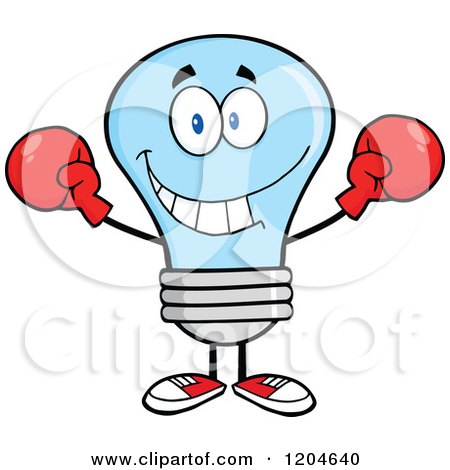 Cartoon of a Blue Light Bulb Mascot Wearing Boxing Gloves - Royalty Free Vector Clipart by Hit Toon