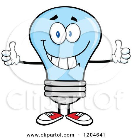 Cartoon of a Happy Blue Light Bulb Mascot Holding Two Thumbs up - Royalty Free Vector Clipart by Hit Toon