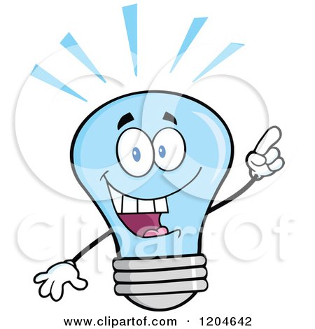 Cartoon of a Happy Blue Light Bulb Mascot with an Idea - Royalty Free Vector Clipart by Hit Toon