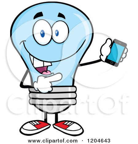 Cartoon of a Happy Blue Light Bulb Mascot Pointing to a Tablet Computer - Royalty Free Vector Clipart by Hit Toon