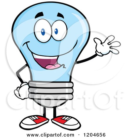Cartoon of a Happy Waving Blue Light Bulb Mascot - Royalty Free Vector Clipart by Hit Toon