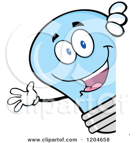 Cartoon of a Happy Blue Light Bulb Mascot Waving Around a Sign - Royalty Free Vector Clipart by Hit Toon