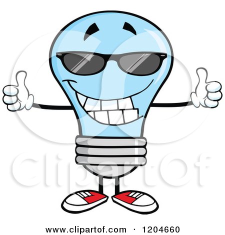 Cartoon of a Happy Blue Light Bulb Mascot Wearing Shades and Holding Two Thumbs up - Royalty Free Vector Clipart by Hit Toon