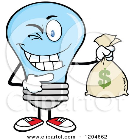Cartoon of a Winking Blue Light Bulb Mascot Holding a Money Savings Bag - Royalty Free Vector Clipart by Hit Toon