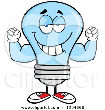 Cartoon of a Happy Blue Light Bulb Mascot Flexing - Royalty Free Vector Clipart by Hit Toon