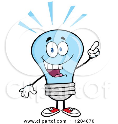 Cartoon of a Smart Blue Light Bulb Mascot with an Idea - Royalty Free Vector Clipart by Hit Toon