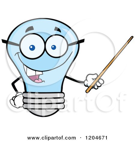 Cartoon of a Happy Blue Light Bulb Mascot Teacher Using a Pointer Stick - Royalty Free Vector Clipart by Hit Toon