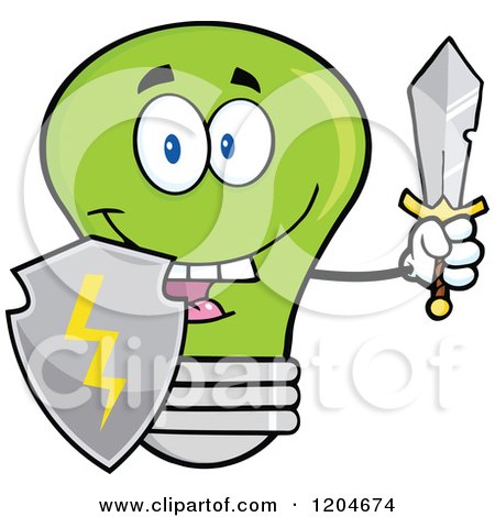Cartoon of a Happy Green Light Bulb Mascot Guard with a Shield and Sword - Royalty Free Vector Clipart by Hit Toon