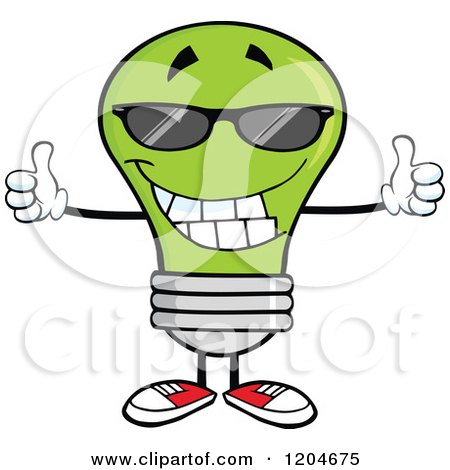 Cartoon of a Happy Green Light Bulb Mascot Wearing Sunglasses and Holding Two Thumbs up - Royalty Free Vector Clipart by Hit Toon